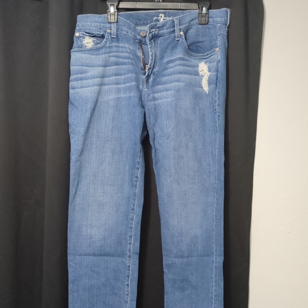 7 For All Mankind Distressed Indigo Straight Jeans